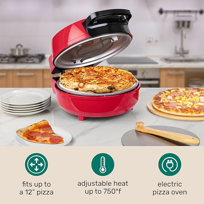 HomeCraft Stone Baked Pizza Maker - Woodfire-Style Indoor Oven Reaches 750°F - Cooks Homemade or Frozen Pizzas in 4 Minutes - Ceramic Stone & Peel - Perfect for Pizza Parties – Red