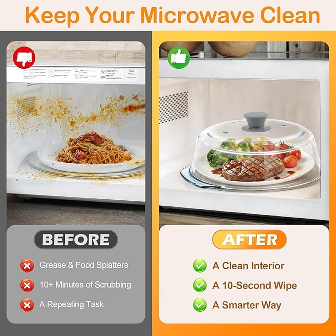 Glass Microwave Splatter Cover for Food with Microwave Place Mat - Sturdy Plate Guard Lid with Vent Holes and Easy-Grip Silicone Handle - BPA Free, Dishwasher Safe (Grey)