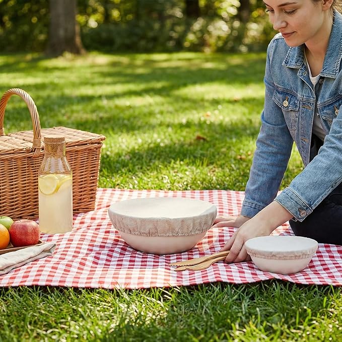 100% Pure Linen Bowl Covers For Bread Proofing, 2 Pcs 10 Inches Elastic Reusable Solid Color Cloth Fabric Bowl Covers,Medium Organic Washable Large Stretch Sourdough Lids, Linen