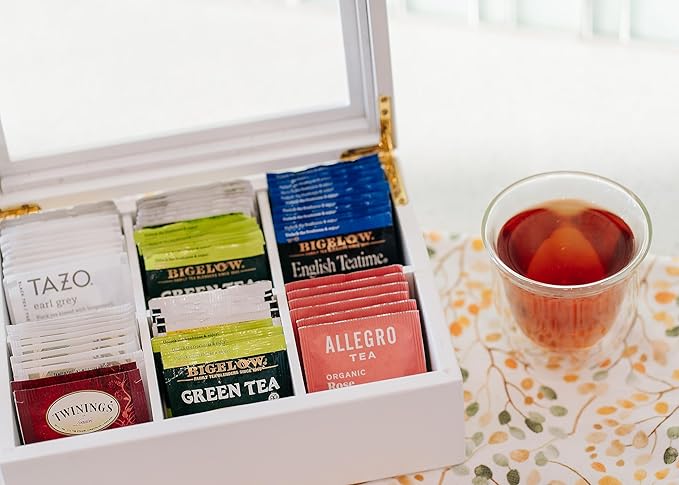Break Tradition Wooden Tea Organizer For Tea Bags - Wooden Tea Chest With 6 Compartments - Clear Top Window - Lid Stays Open (White)