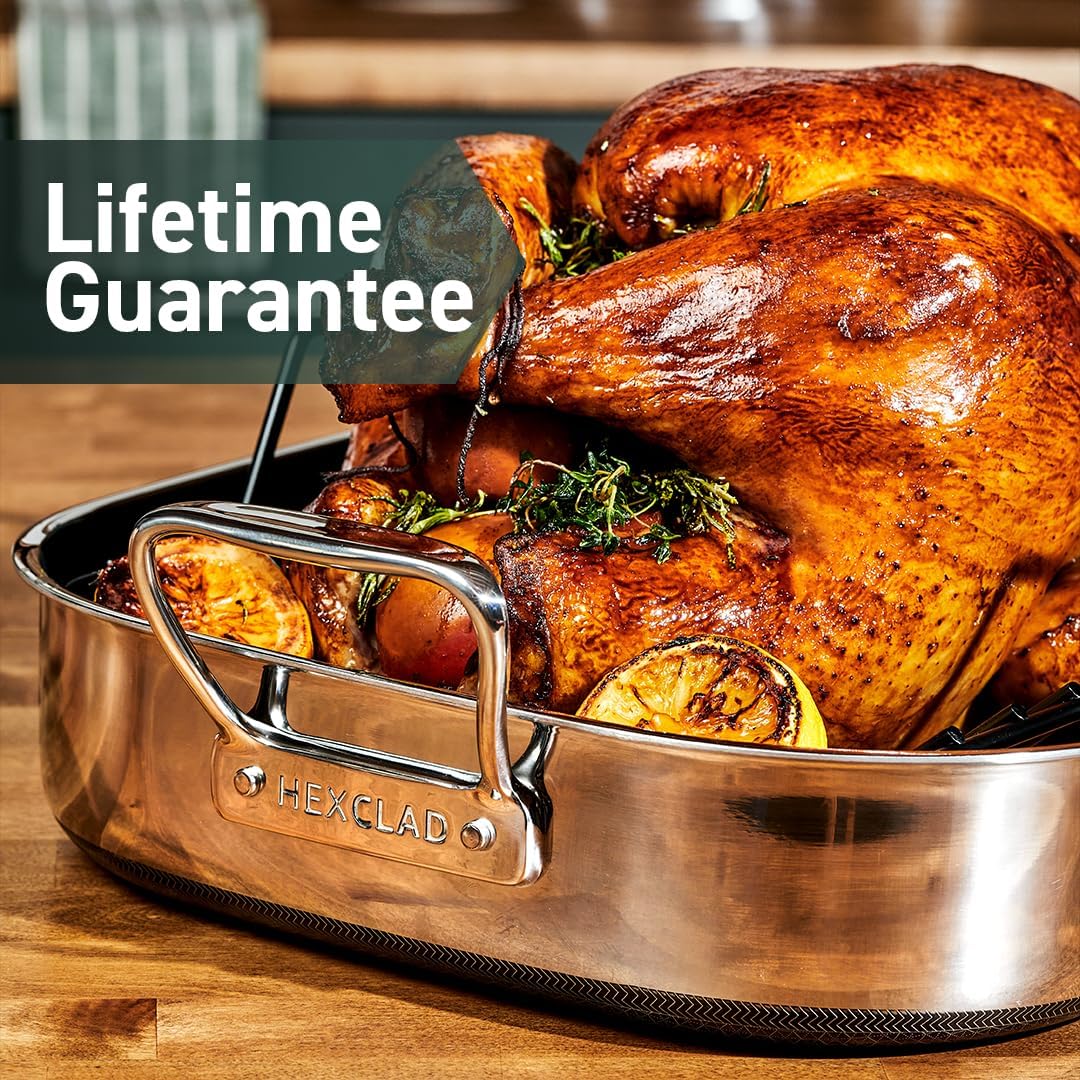 HexClad Hybrid Nonstick Roasting Pan with Rack, Dishwasher-Friendly, Oven-Safe Up to 900°F, Compatible with All Cooktops