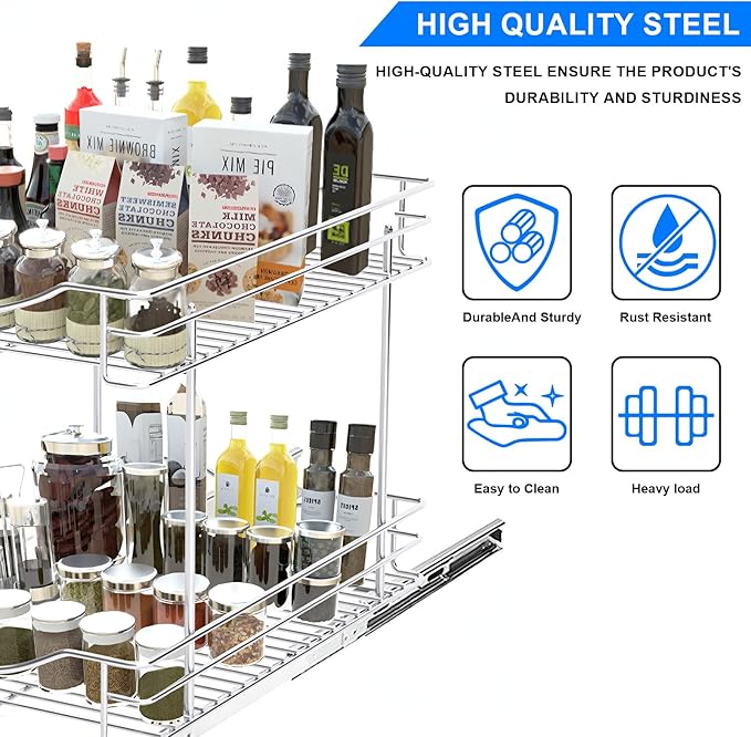 Fulgente Chrome Finish Pull Out Drawers Cabinet Organizer, Professional Large Wire Basket Frame 2 Tier Heavy Duty Slide Out Kitchen Storage Organizations Shelves Sliding Pantry 11"W x 18"D x 15.12"H