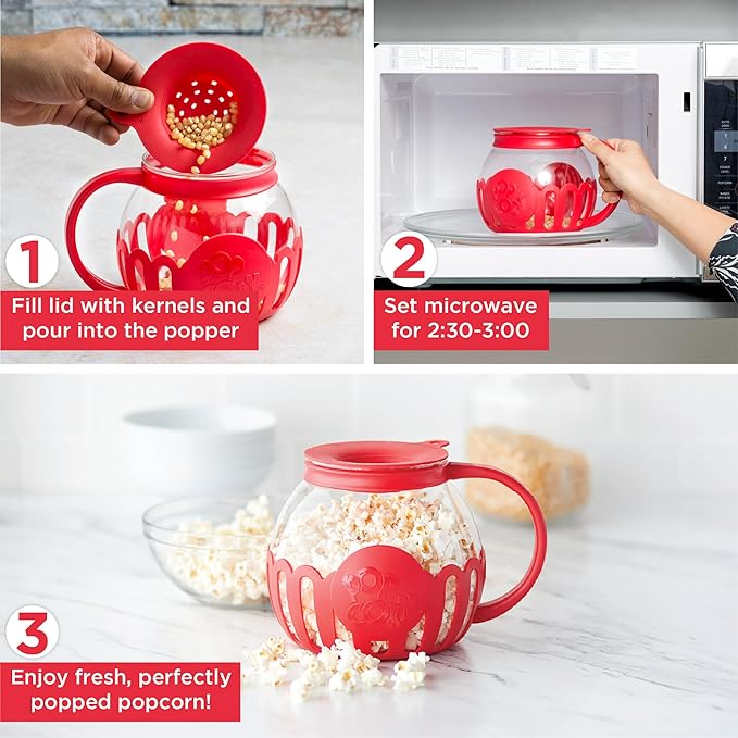 Ecolution Patented Micro-Pop Microwave Popcorn Popper with Temperature Safe Glass, 3-in-1 Lid Measures Kernels and Melts Butter, Made Without BPA, Dishwasher Safe, 1.5-Quart, Red (Pack of 4)