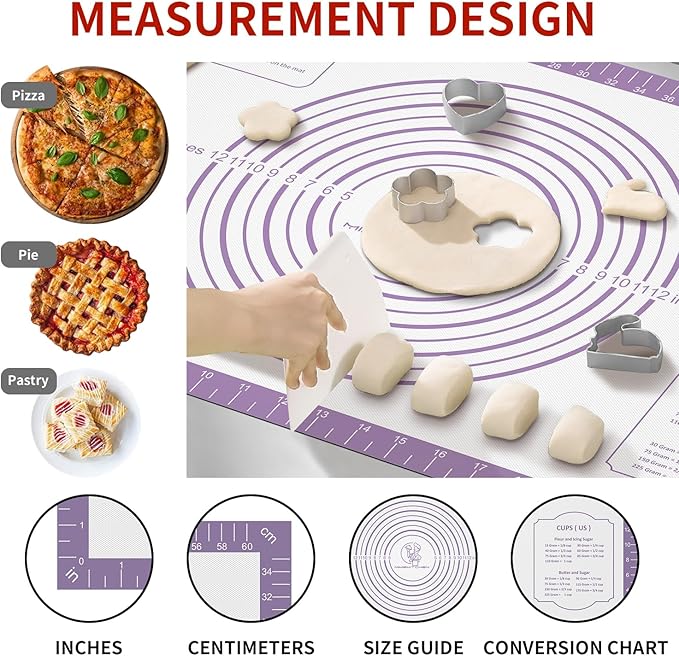 Non-stick Silicone Pastry Mat, Extra Large Silicone Baking Mat for Cookie Bread Pizza Pie Crust, Silicone Dough Mat for Rolling, Non-slip& Heat Resistant Purple 32X24 INCH