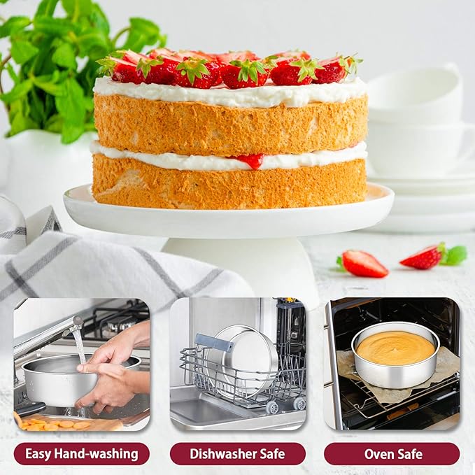 P&P CHEF 9.5 Inch Cake Pans Set, Round Baking Pan Stainless Steel Layer Birthday Wedding Cake Oven Pans, Non Toxic & Heavy Duty, Deep Side & Mirror Finish, Dishwasher Safe, (2Pcs)