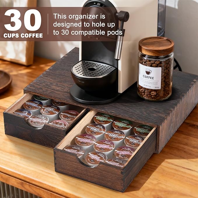 Wooden K Cup Organizer Coffee Pod Storage Box, Coffee Pod and Tea Bag Holder,Kcup Drawer Coffee Maker Stand,Home Kitchen Counter Holds Up to 30 Pods Capacity (2 Drawer) (Carbonized Black)
