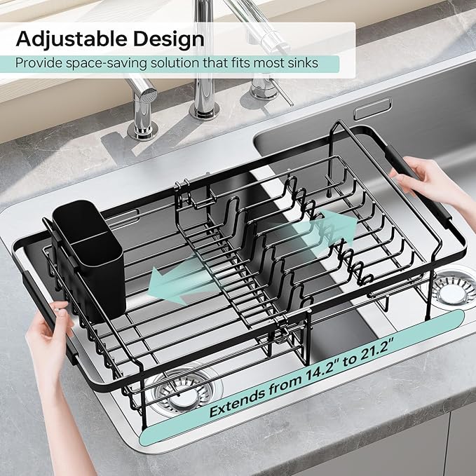 Urackify Dish Drying Rack in Sink - Expandable (14.5''-18''L) Over The Sink Dish Rack with Utensil Holder, Space-Saving Dish Drainer for Kitchen Counter, 1 Piece, Matte Black
