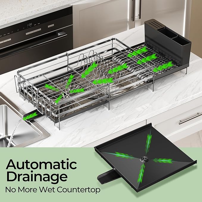 Large Dish Drying Rack, Expandable Dish Rack, Stainless Steel Anti-Rust Dish Racks for Kitchen Counter, Multifunctional Dish Drainer with Utensil Holder & Cup Holder, 13.4"-28.7" L x 11.8" W