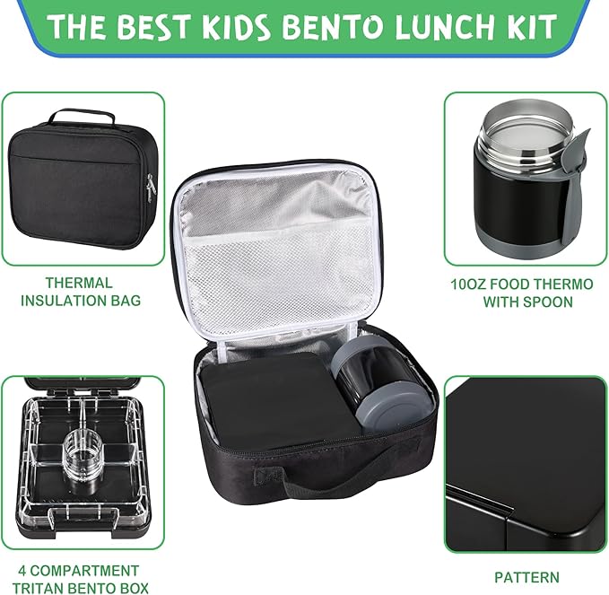 Pawtong Bento Lunch Box Set With 10oz Soup Thermo, Leak-proof Lunch Containers with 4 Compartment, Kids Hot Thermo Food Jar/Insulation Lunch Bag, Food Containers for School (Black)