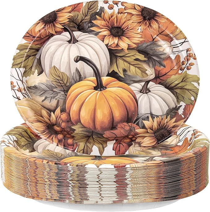 WDF 50Pack Thanksgiving Paper Plates - 10" x 12" Heavy Duty Pumpkin Paper Plates Disposable for Thanksgiving/Fall Party
