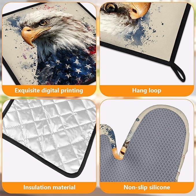 American Flag Eagle Oven Mitts and Pot Holders Sets 4Pcs Silicone Non-Slip Mitts Heat Resistant Gloves Hot Pads for Kitchen Cooking Baking Grilling BBQ