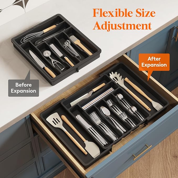 Lifewit Utensil Organizer for Kitchen Drawers, Expandable Cooking Utensil Tray, Adjustable Cutlery Silverware Flatware Holder, Plastic Spatula Tools and Gadgets Storage Divider