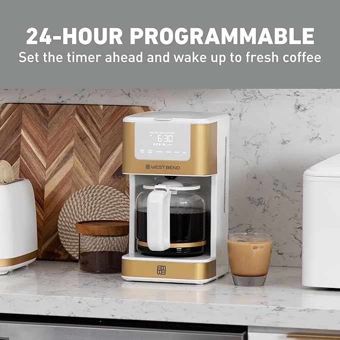 West Bend Timeless 12-Cup Programmable Coffee Maker with Brew Strength Selector for Hot and Iced Coffee, Includes 1-4 Cup Brew Option and Permanent Filter