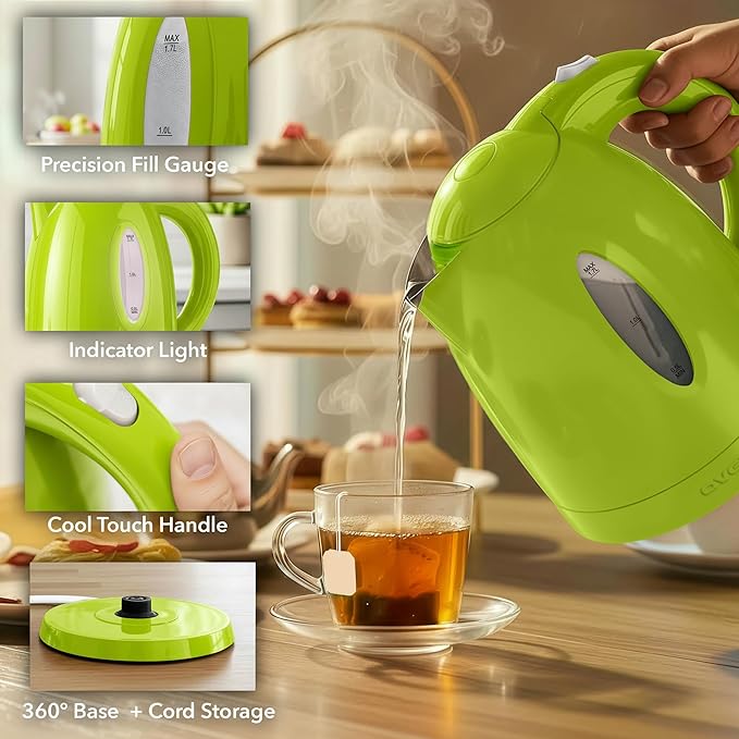 OVENTE Electric Kettle, 1.7L Fast Boiling Water Heater for Coffee or Tea, BPA Free with Water Level Gauge, Auto Shut-Off, Boil-Dry Protection, Indicator Light and Removable Filter, Green KP72G