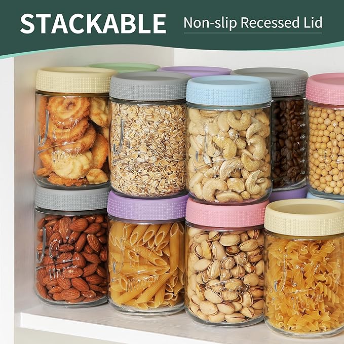 4-Pack 16oz Overnight Oats Containers with Airtight Lids - Glass Mason Jars with Measurement Marks for Yogurt, Meal Prep & Chia Pudding, Stackable & Leakproof