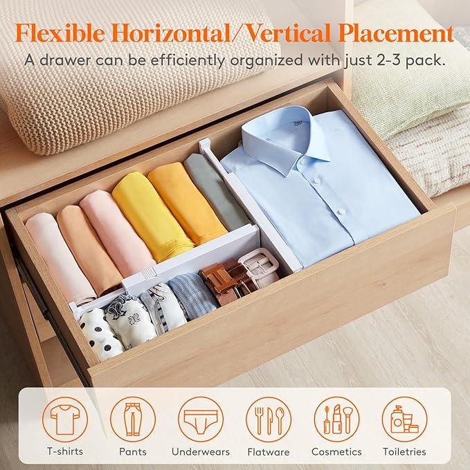 Lifewit 4 Pack 4" High Drawer Dividers 28 -43.5cm/11-17" Adjustable Kitchen Drawer Organiser, Expandable Drawer Dividers Separator for Clothes in Bedroom/Bathroom/Office Organisation & Storage White