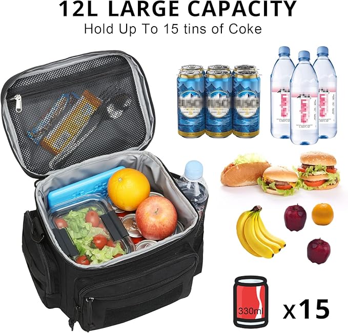 ATRIPACK Lunch Box for Men, Tactical Lunch Bag MOLLE Webbing Leakproof Insulated Large Lunch Cooler Women Adult Meal with Adjustable Shoulder Strap Durable Lunch Pail(Black)