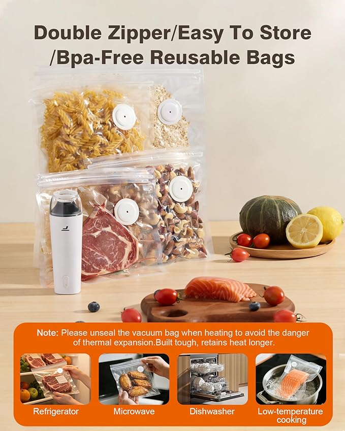 Vacuum sealer for food, Chef’s Design to Preserve Freshness, Compact Handheld Vacuum Sealer with 30 Reusable Bags, Professional-Grade for Food Storage Savers, Pebble