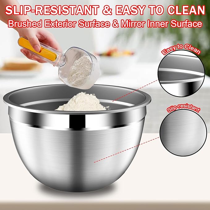 DUTZUN Mixing Bowls with Strainer, Mixing Bowl with Lids Set, Stainless Steel Mixing Bowls, Kitchen Gadgets Salad Bowls with Strainer for Mixing & Preping & Serving, Multicolor