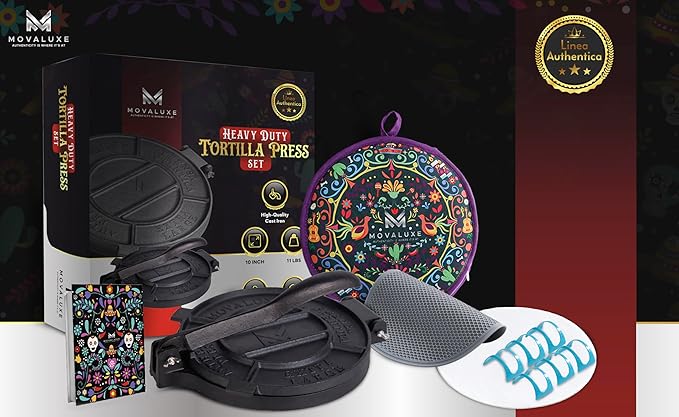 Movaluxe® Tortilla Press 10 Inch Cast Iron XL – Corn & Flour Roti Maker Machine Heavy Duty Tortillera Presser. With Parchment Paper, Warmer Pouch, Taco Holders, Rubber Mat & Digital Culinary Guide