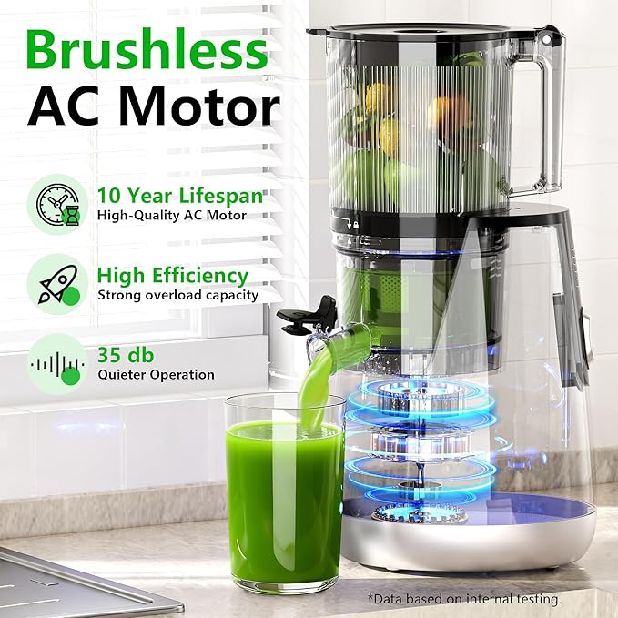 Cold Press Juicer, 6" Extra Large Feed Chute Slow Masticating Juicer Machines, Powerful AC Brushless Motor, Self Precut System, Juicer Machines with BPA-Free, Extra one Replace juicer strainer