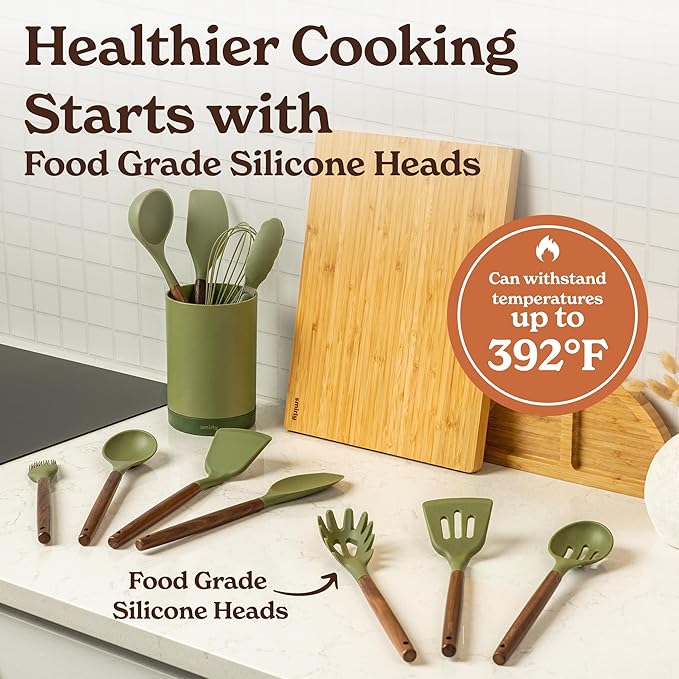 Silicone Kitchen Utensils Set & Holder: Cooking Utensils Set - Kitchen Essentials for New Home & 1st Apartment- Silicone Spatula Set, Cooking Spoons for Nonstick Cookware (Acacia Wood, Green)