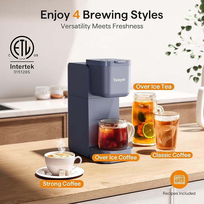 Tastyle Single Serve Coffee Maker for K Cup, Ground and Tea, Hot and Iced Coffee Machines with Bold Setting, 6 to 16 Oz Brew Sizes, Compact for Small Spaces, Gray (2.0 Version)