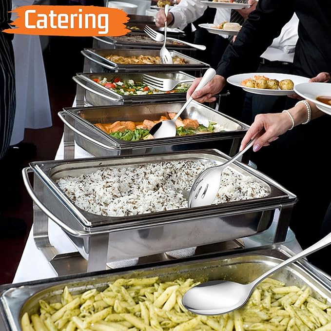 12-Piece Large Serving Utensils Set, E-far Stainless Steel 9.8 Inch Serving Slotted Spoons, 9.9 Inch Fork, 9.4 Inch Tong for Buffet Catering Banquet, Mirror Finish & Dishwasher Safe