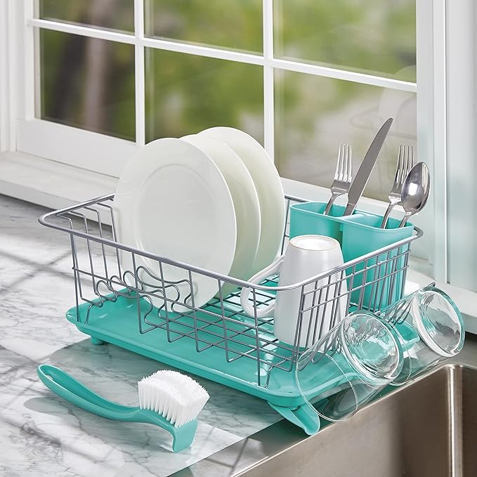 Farberware Compact Dish Drying Rack with Frost Sink Brush, Removable Drainboard and Flatware Caddy, Holds 9 Plates - Teal, Rust-Resistant for Small Kitchens