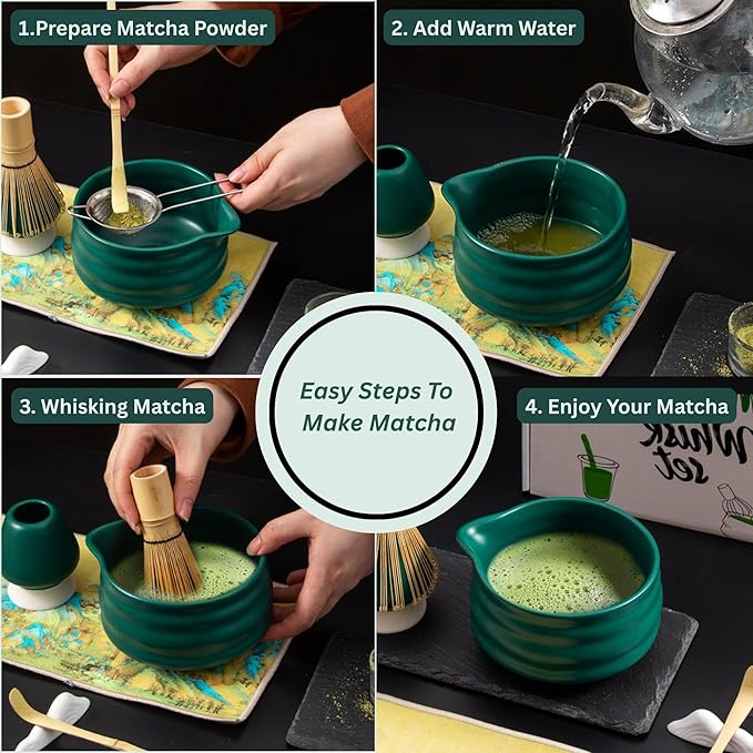 7PCS Ceramic Matcha Whisk Set - Traditional Japanese Tea Set Includes Matcha Bowl with Spout, Holder, Bamboo Whisk, Bamboo Scoop with Rest, Sifter with Tea Towel - Perfect Kit for Matcha Lovers