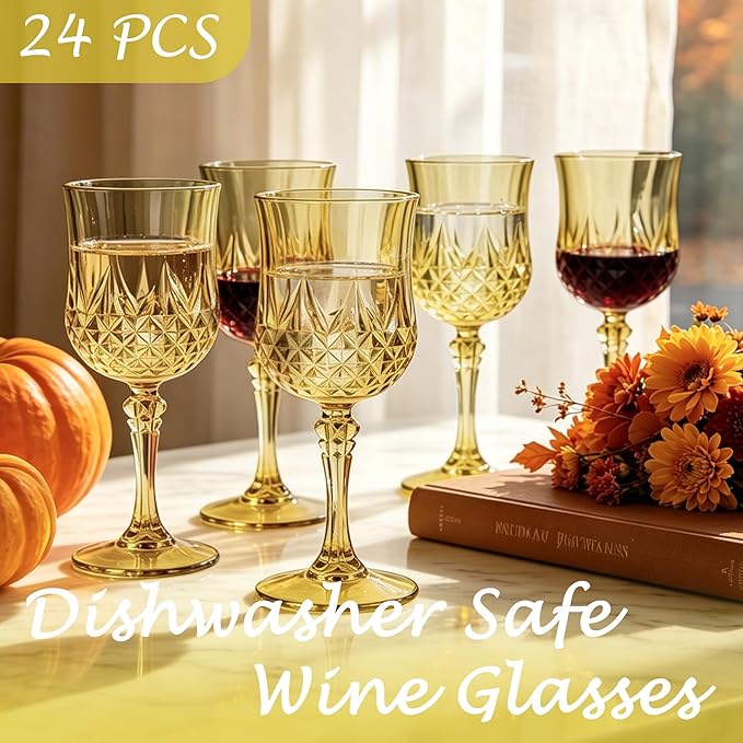 Plastic Wine Glasses, Plastic Goblets Vintage Style Cordial Unbreakable Drinking Glasses, Reusable Drinkware for Wedding Reception, Grand Event Party Supplies (24, Gold)