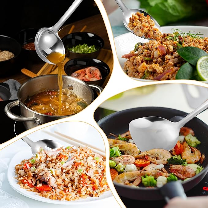 14 Inch Cooking Spoons Set Stainless Steel Kitchen Cooking Utensil Large Serving Spoons Set with Ergonomic Handle Slotted-Spoon, Ladle, Cooking-Spoon, Serving-Spoon (Pack of 4)