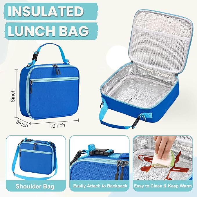 PIQUEBAR Kids Lunch Bento Box with 8oz Thermo Ice Pack Food Container with Insulated Lunch Bag, Insulated Water Bottle with Straw for Girls Boys, (A-Blue)