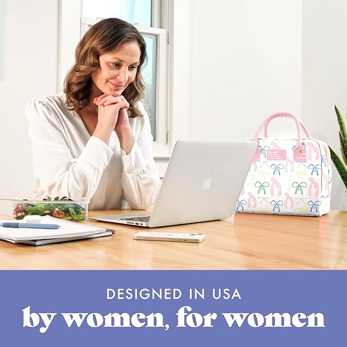 Fit & Fresh Bloomington Lunch Bag for Women - Insulated Large Lunch Box for Work with Containers, Leak-Resistant, Stain-Resistant, Zipper Closure, Pink Dainty Bows