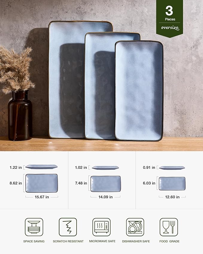 Famiware Serving Platter, Rectangular 15.67/14.1/12.6inch Serving Dishes for Entertaining, Reactive Glaze, Stoneware Serving Trays for Party, Food, Turkey, Snack, Cheese, Ocean Series, Blue