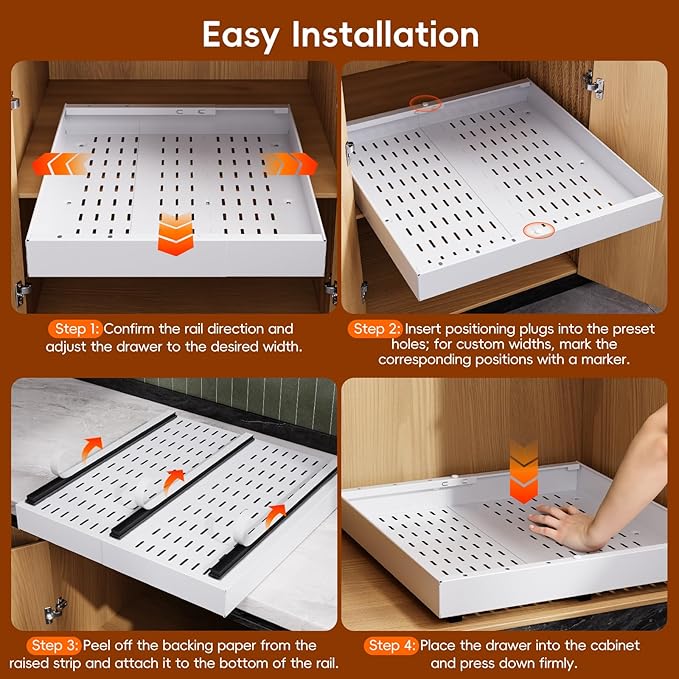 OneDream 4 Pack Pull Out Cabinet Organizer, 21" Deep Slide Out Drawers for Kitchen Cabinets, No Drill Adhesive Pull Out Drawers for Cabinets, Roll Out Shelves Adjustable Width 12.05"-20.4"