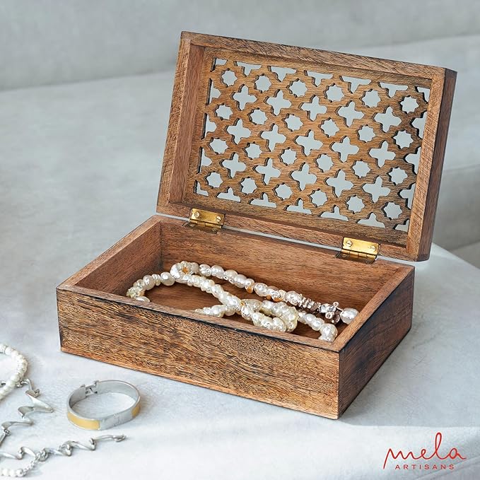 Mela Artisans 9” x 6” x 3.5” Mango Wood Box with Lid – Trellis Medium Burnt – Handcrafted Keepsake Box – Large Storage for Jewelry & Home Décor Accents