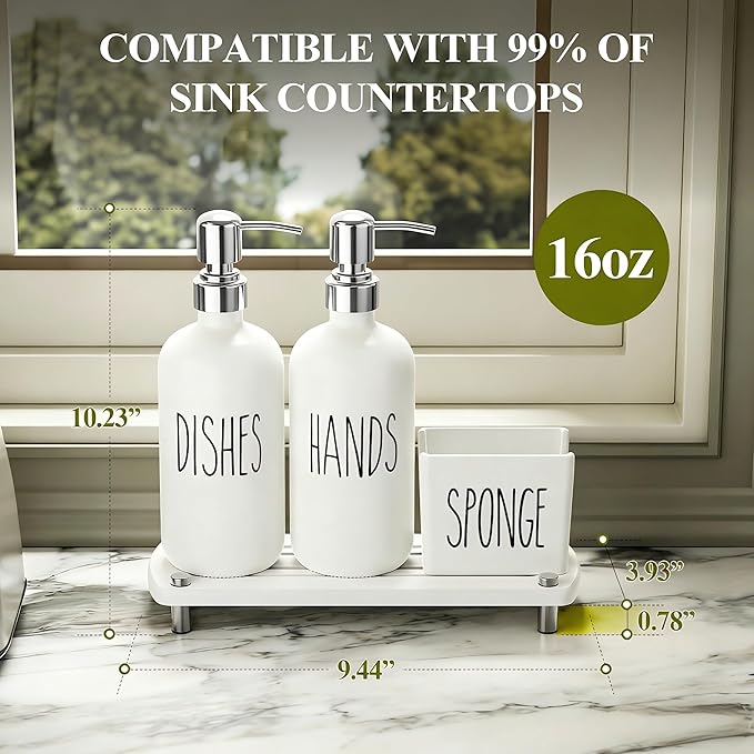 Cisily Kitchen Soap Dispenser Set Comes with Ceramics Sponge Holder, Gold Pumps, and Instant Dry Tray, Hand and Dish Soap Dispenser Set (4, Silver + White + Sponge Holder)