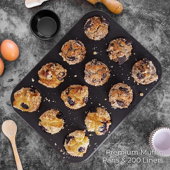 CARTMAN 2 Pack Muffin Pans with 200 Cupcake Liners, Nonstick 12-Cup Muffin Tins, Carbon Steel Cupcake Pans for Baking Muffins, Egg Bites, Brownies & More