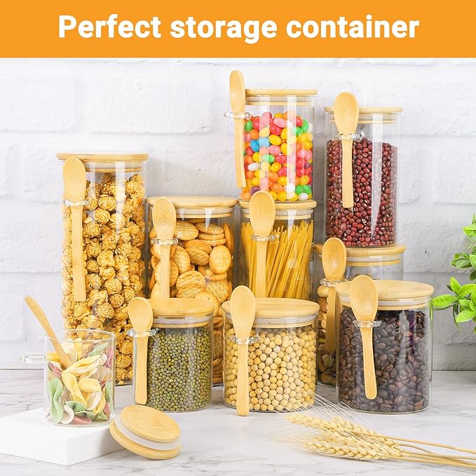 Glass Jars with Bamboo Lids - 4 Pack 15 Fl.oz Round Glass Storage Jars with Airtight Lid and Spoon, Clear Stackable Food Container for Overnight Oats, Spice, Coffee, Sugar, Tea Canister