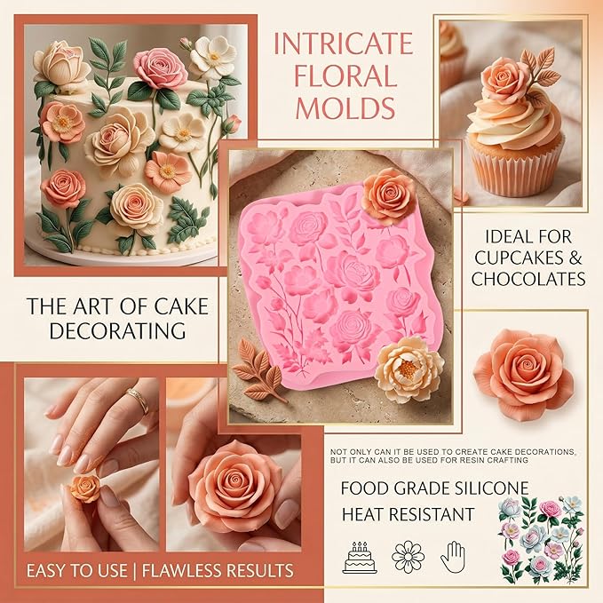 1 Pcs Beautiful Rose Silicone Mold, Food-Grade Romantic Floral Wedding Cake Decoration Fondant Mold, for Chocolate Candy Sugar Crafts Flower Paste Dough Chewing Gum Resin Crafts Plaster Clay
