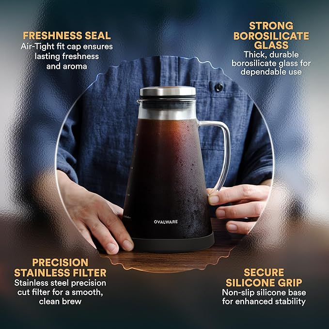 OVALWARE Airtight Cold Brew Iced Coffee Maker Pitcher and Tea Infuser with Spout - 1.0L / 34oz Ovalware RJ3 Brewing Glass Carafe with Removable Stainless Steel Filter