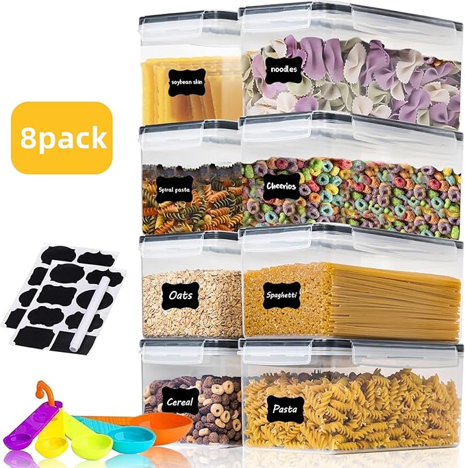 8PCS 3.2L/108 OZ Airtight Food Storage Containers with Lids, Plastic Spaghetti Canisters for Pasta organizer, BPA Free Air Tight Kitchen Pantry Organization