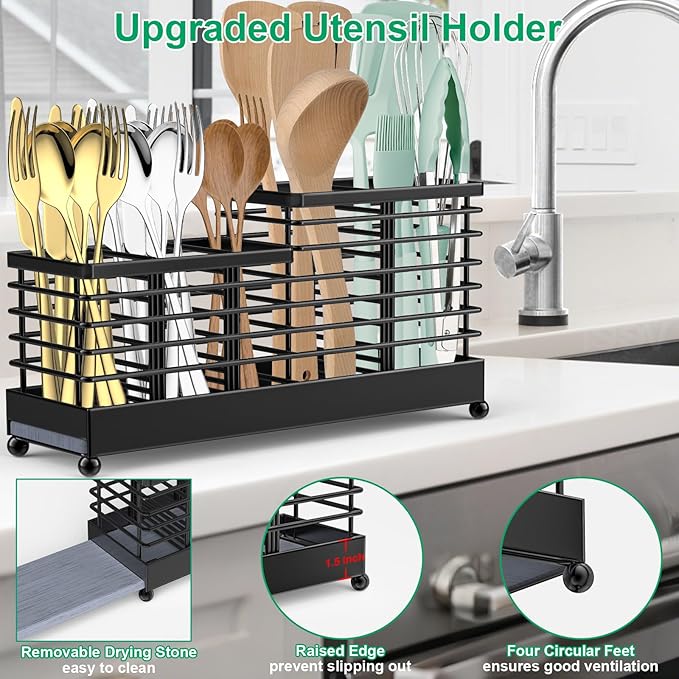 TomCare Utensil Holder with Water Absorbent Diatomite Stone 3 Removable Dividers Large Silverware Organizer Sturdy Cooking Utensils Organizer Caddy Metal kitchen Organizers and Storage for Counter