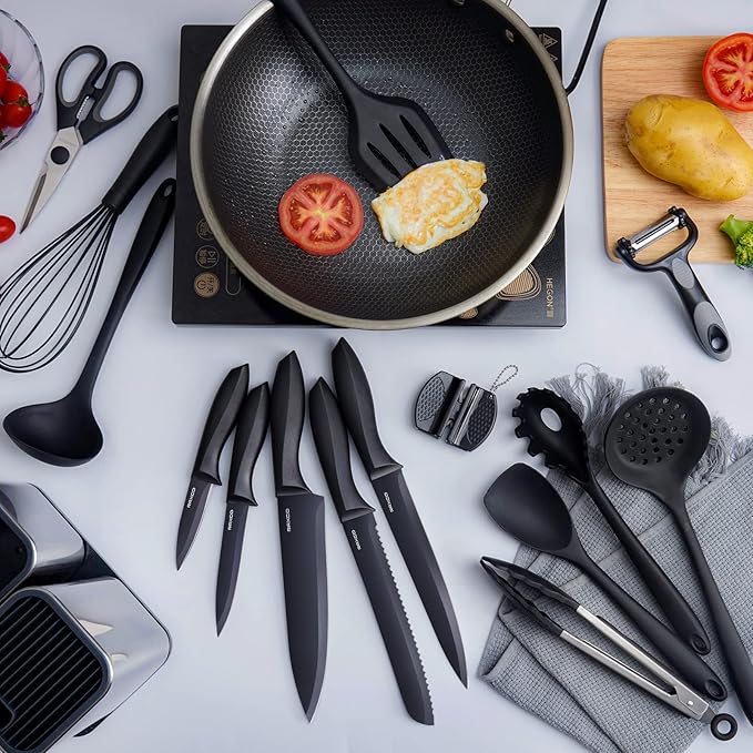 RAXCO Kitchen Utensils Set For Cooking-7 Cooking Utensils,5 Kitchen Utensils,6 Knife set,utensilios de cocina(18-in-1) (Black)