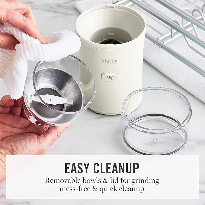 Martha Stewart Electric Coffee & Spice Grinder, Dual 2.5oz Removable Bowls, Storage Lids, Stainless Steel Blades, One Touch Pulse Control, 2-in-1 Compact, Beans & Spices, Herbs & Nuts, Linen White