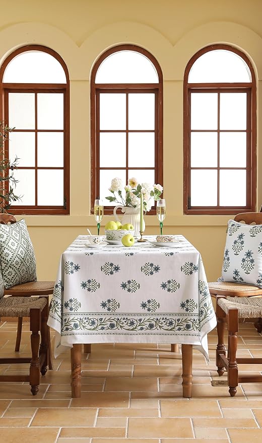 ISAENNE Designer White Linen Small Rectangular Tablecloth,Chinoiserie Floral Elegant Indoor Table Cloth,Fall Stain Proof Decor Tablecloths for Dining Thanksgiving Kitchen,55"*71"-Mosella F
