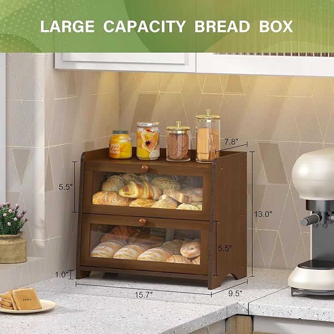 JANSNIMEN Double Layer Bread Box for Kitchen Countertop, Large Breadbox Bread Container Storage with Acrylic Door, Wooden Farmhouse Bread Holder (Brown, Medim-15.7" L x 9.5" W x 13" H)