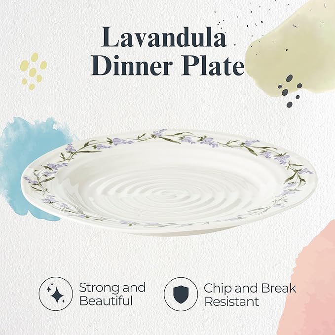 Portmeirion Sophie Conran Lavandula 11 Inch Dinner Plate, Lavender Sprig Design in Soft Purple & Green - Elegant Porcelain Dish for Spring Meals, Garden Parties, Special Events & Everyday Dining