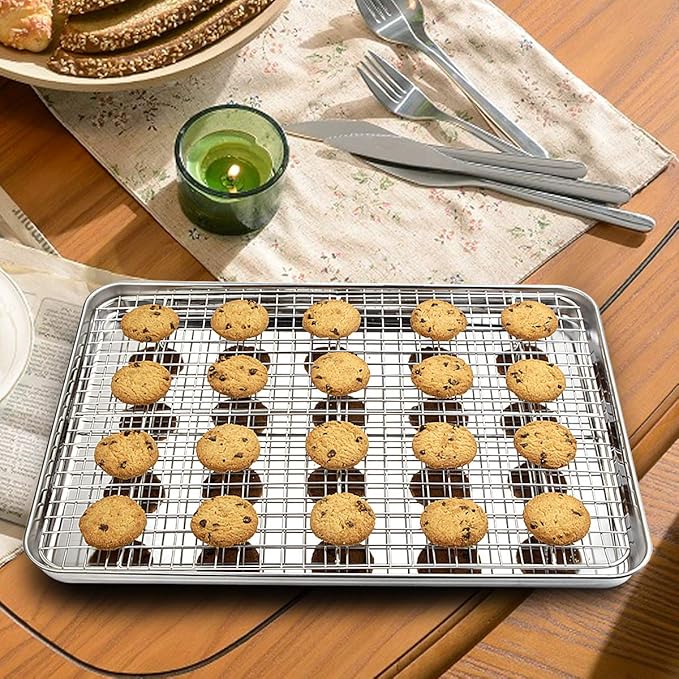 Baking Sheet with Rack Set [2 Pans + 2 Racks], Wildone Stainless Steel Cookie Sheet Baking Pan Tray with Cooling Rack, Size 16 x 12 x 1 Inch, Non Toxic & Heavy Duty & Easy Clean